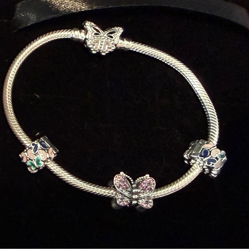 Authentic Pandora Momenta Butterfly Clasp Chain Bracelet with Charms